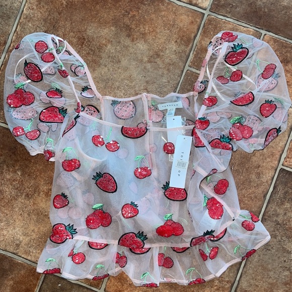TOPSHOP Womens Size 10 Strawberry Cherry Sequin Tie Back Top Pink Sheer - Picture 4 of 4